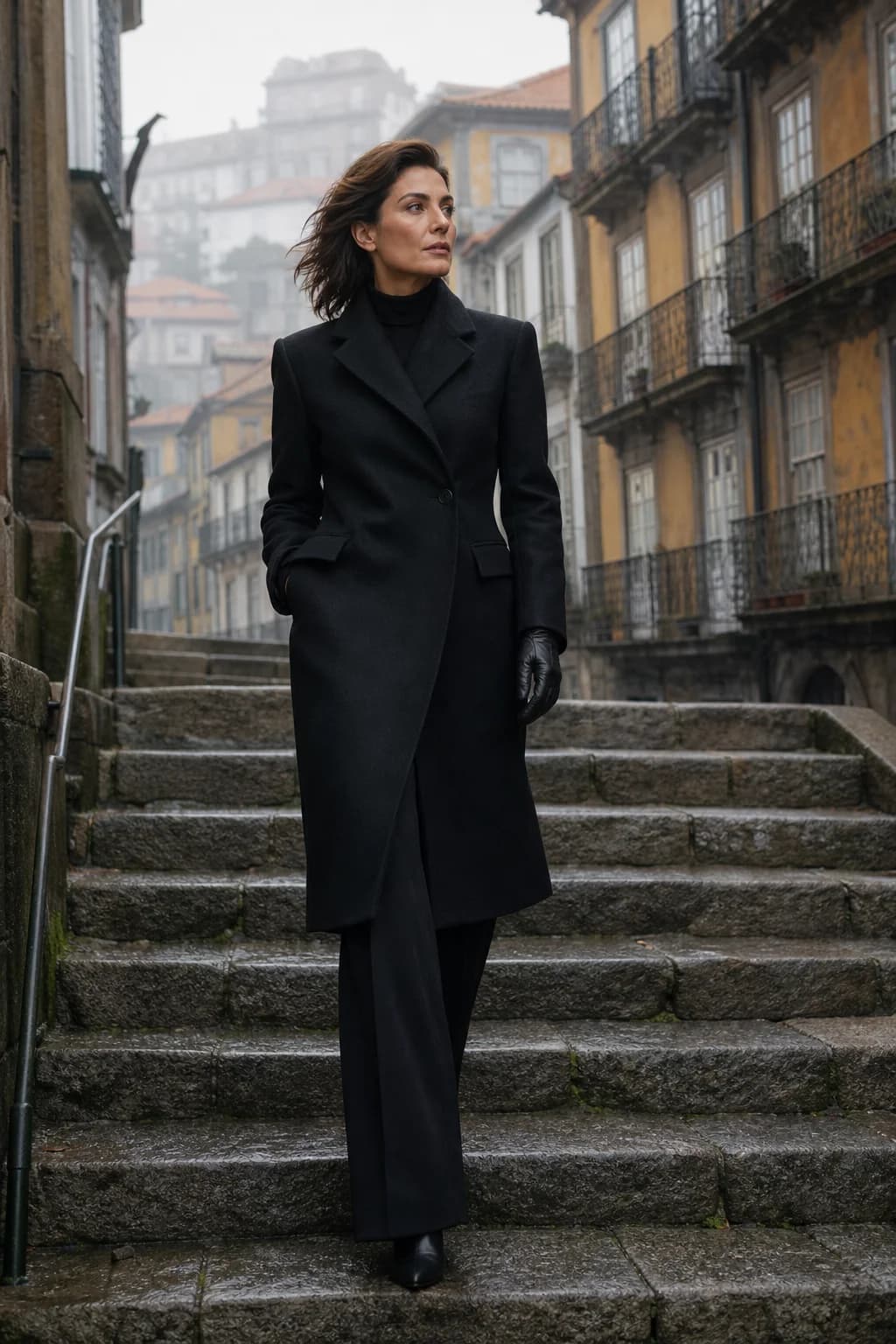 Mulher com casaco de lã preto nas escadas de granito da Ribeira