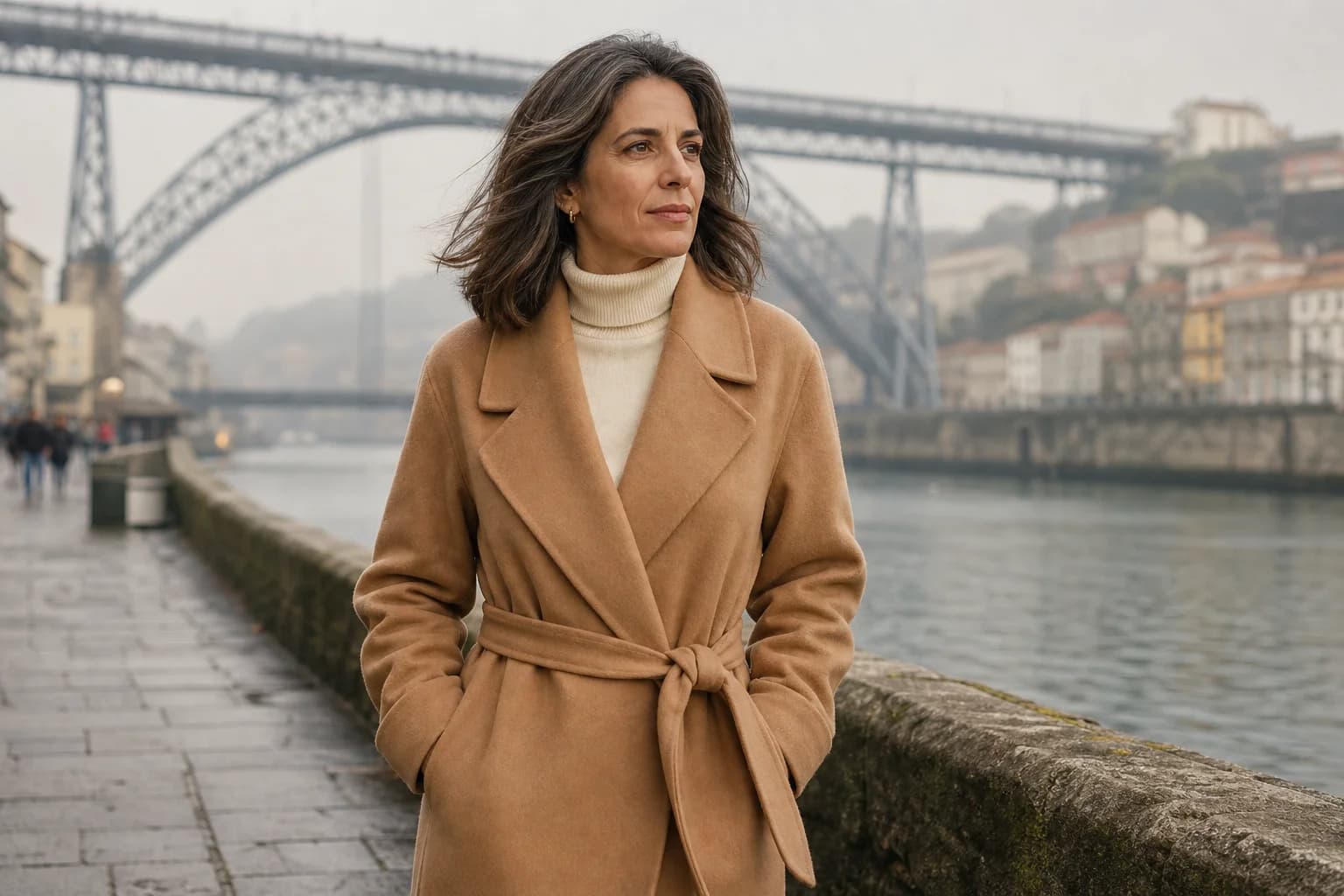 Mulher de casaco traçado cor de camelo na Ribeira do Porto, com a Ponte D. Luís I e o nevoeiro sobre o rio