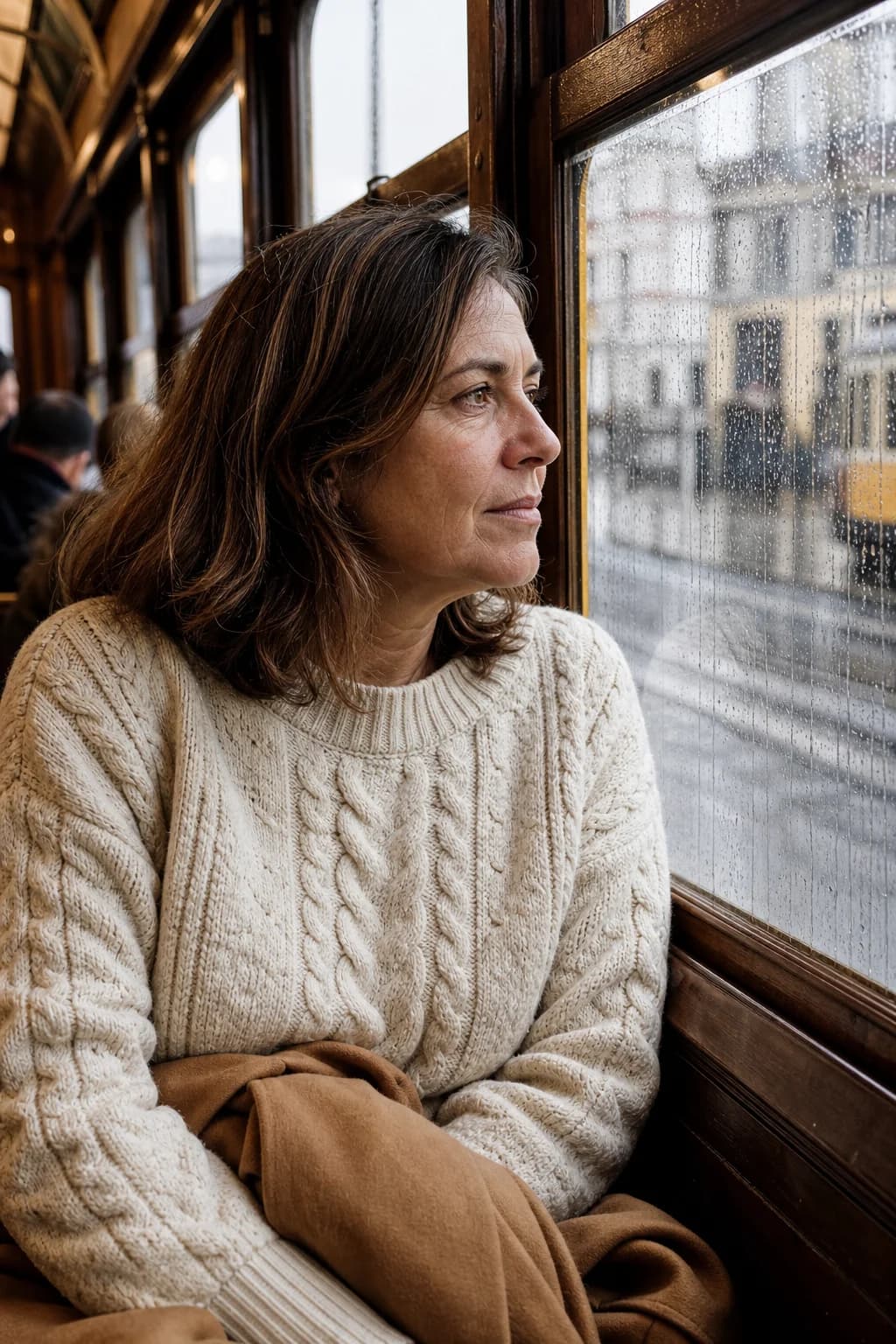 Mulher com camisola de malha creme sentada à janela de um elétrico do Porto num dia de chuva