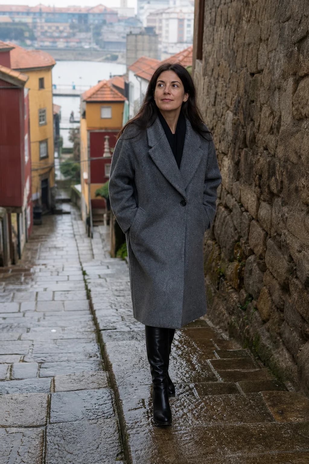Mulher de botas altas pretas a descer escadas molhadas na Ribeira